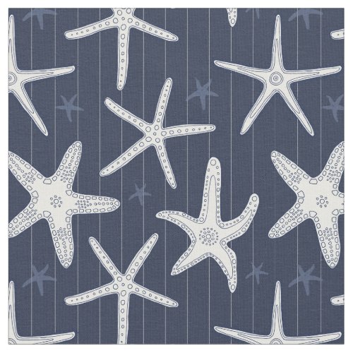 Starfish White and Navy Blue Stripes Beach Fabric