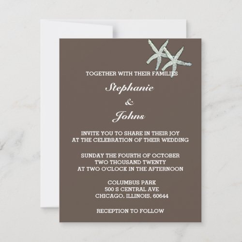 Starfish White Dark Chocolate Brown Wedding Invitation