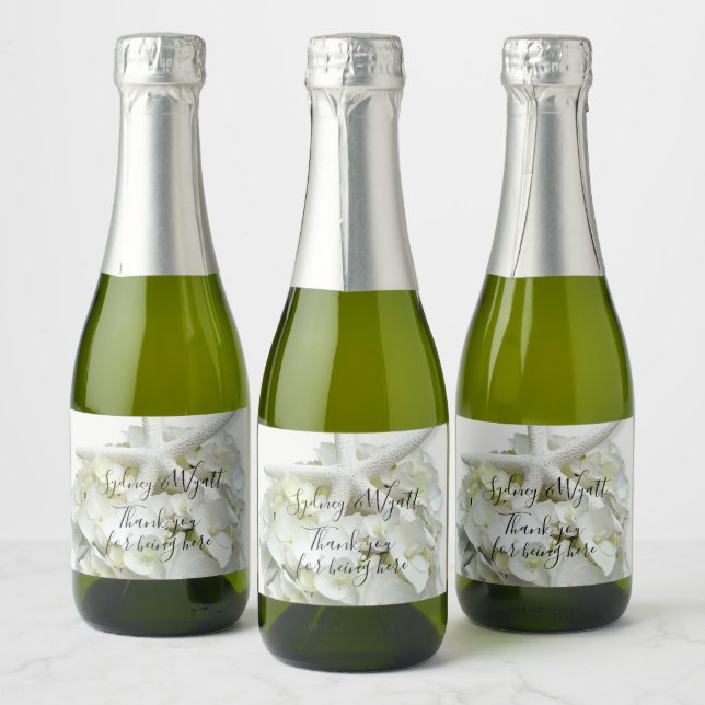 Starfish White Hydrangea Flowers Thank You Wedding Sparkling Wine Label (Bottles)