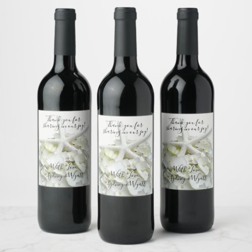 Starfish White Hydrangeas Wedding Thank You Wine Label