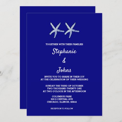 Starfish White Navy Blue Custom Nautical Wedding Invitation