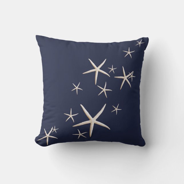 Starfish White Navy Blue tropical Throw Pillow (Front)