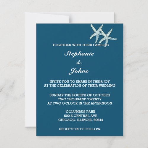 Starfish White Ocean Blue Custom Color Wedding Invitation