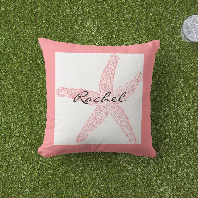 Starfish White Pink Name Template Beach Girly  Outdoor Pillow (Grass)