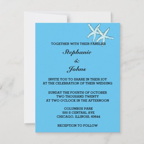Starfish White Sky Blue Black Custom Color Wedding Invitation