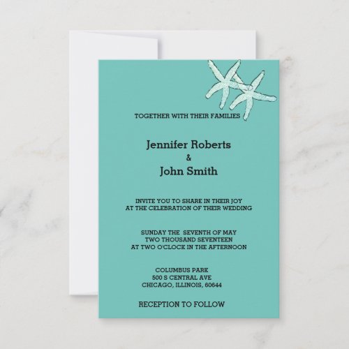 Starfish White Teal Blue Black Cute Custom Wedding Invitation