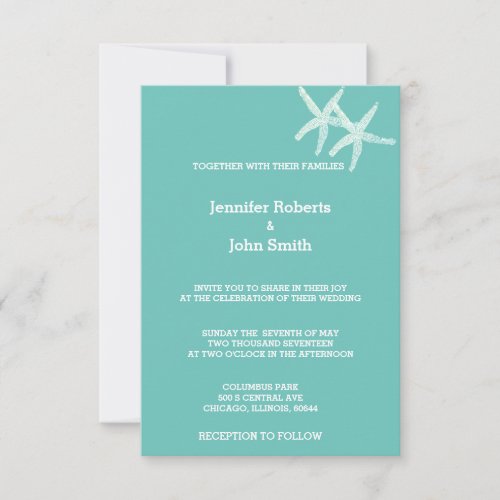 Starfish White Teal Blue Custom Color Cute Wedding Invitation