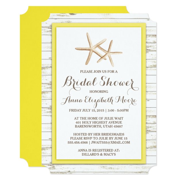 Starfish Whitewashed Wood Beach Bridal Shower Invitation