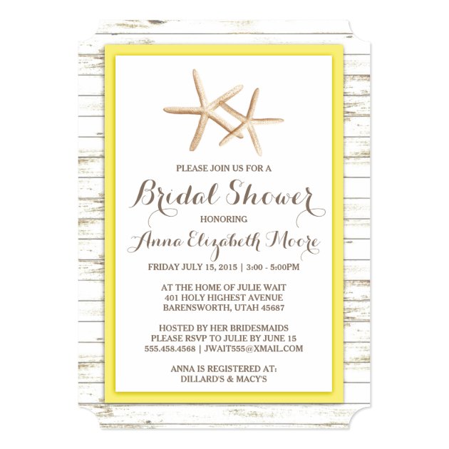 Starfish Whitewashed Wood Beach Bridal Shower Invitation