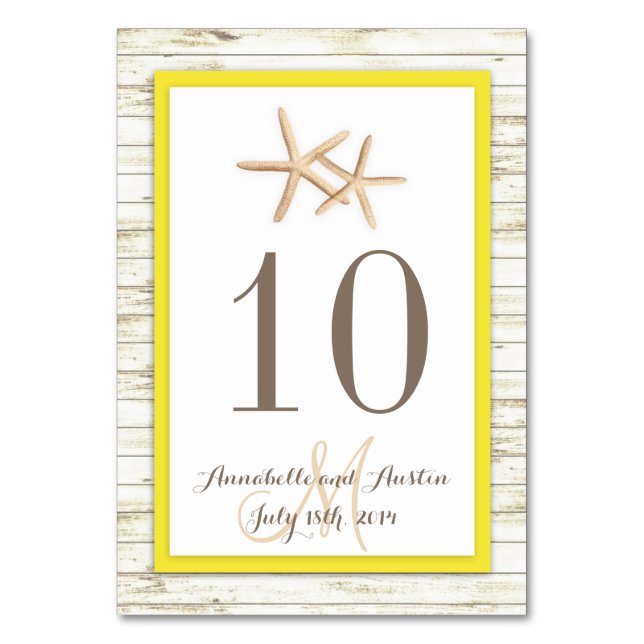 Starfish Whitewashed Wood Beach Tropical Wedding Table Number (Front)