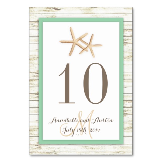 Starfish Whitewashed Wood Beach Tropical Wedding Table Number (Front)