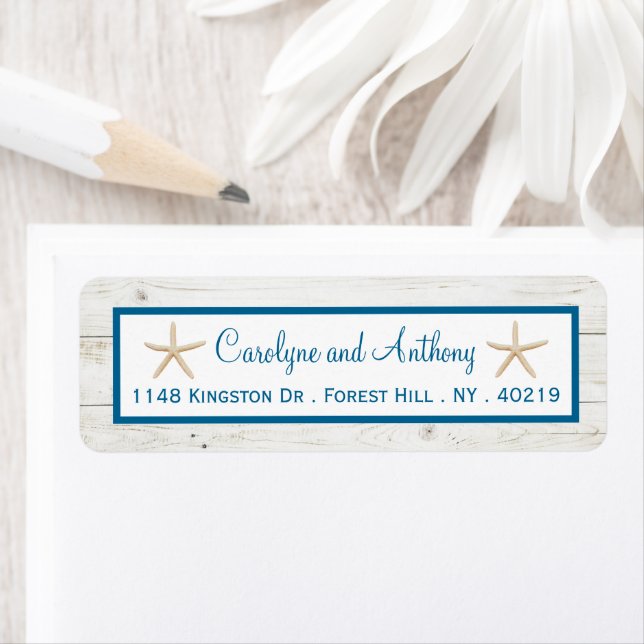 Starfish Whitewashed Wood Beach Wedding Collection Label (Insitu)