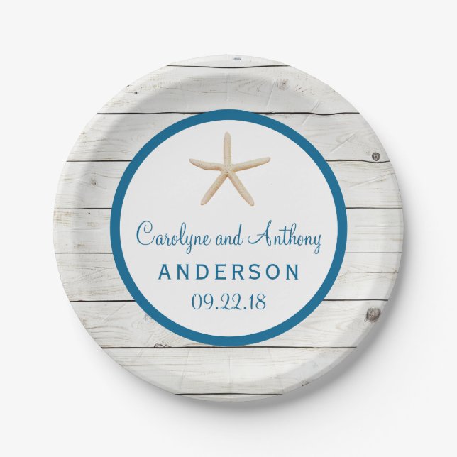 Starfish Whitewashed Wood Beach Wedding Collection Paper Plates (Front)
