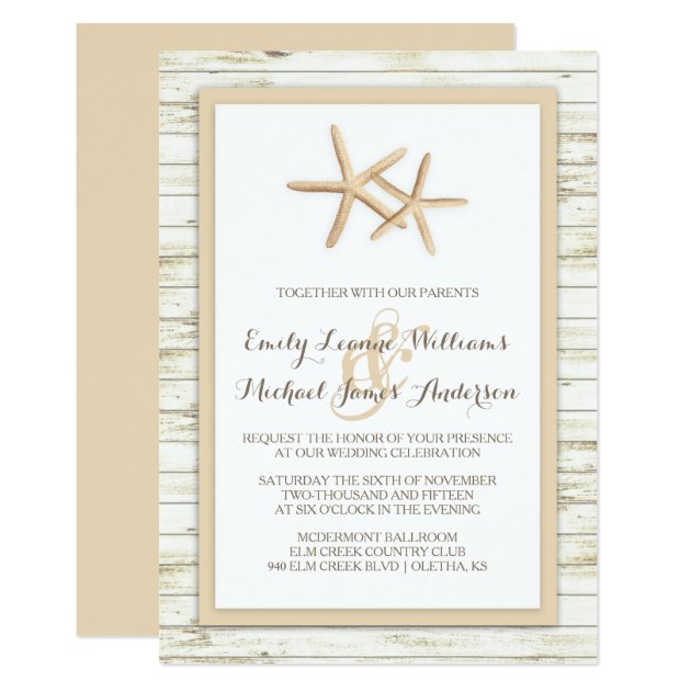 Starfish Whitewashed Wood Beach Wedding Invitation