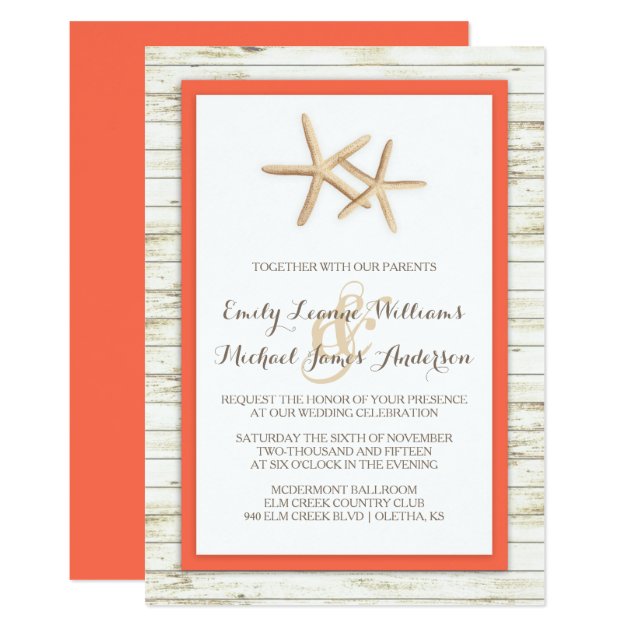 Starfish Whitewashed Wood Beach Wedding Invitation
