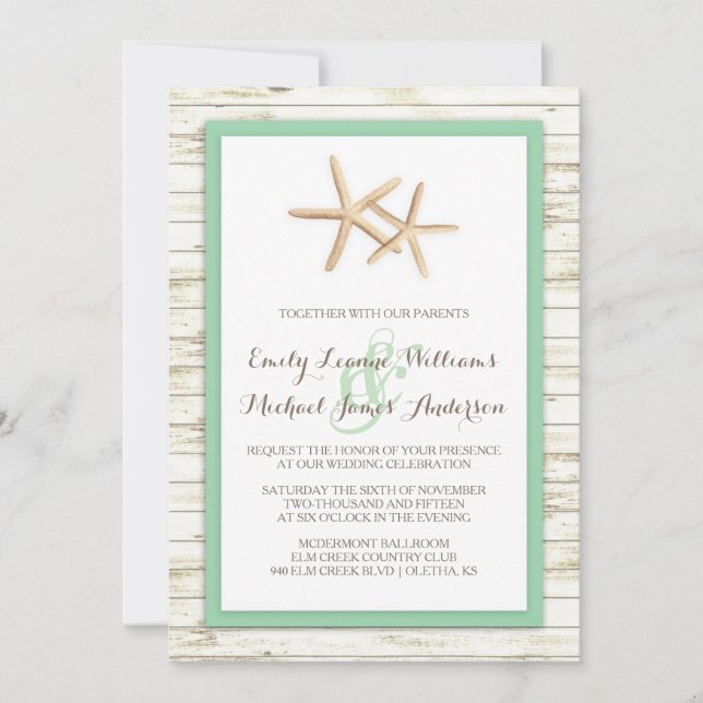 Starfish Whitewashed Wood Beach Wedding - Mint Invitation (Front)