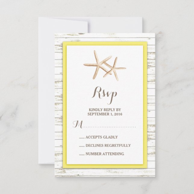 Starfish Whitewashed Wood Beach Wedding RSVP Card (Front)