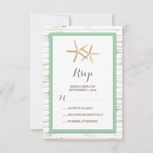 Starfish Whitewashed Wood Beach Wedding RSVP Card (Front)