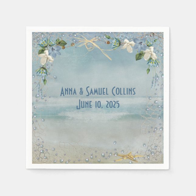 starfish with netting frame and beach flowers paper napkins (Front)