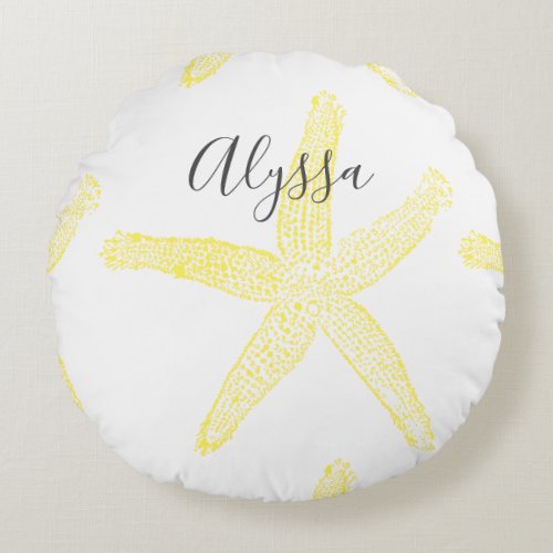 Starfish Yellow Grey Beach Name Text Template Cool Round Pillow