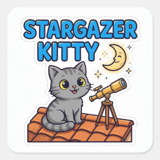 Stargazer Kitty Sticker — Grey Cat Telescope Stars