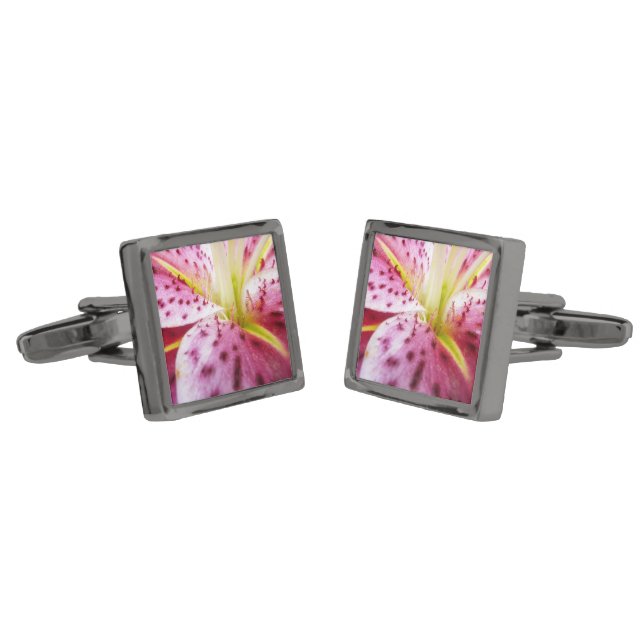 Stargazer Lily Bright Magenta Floral Cufflinks (Angled)