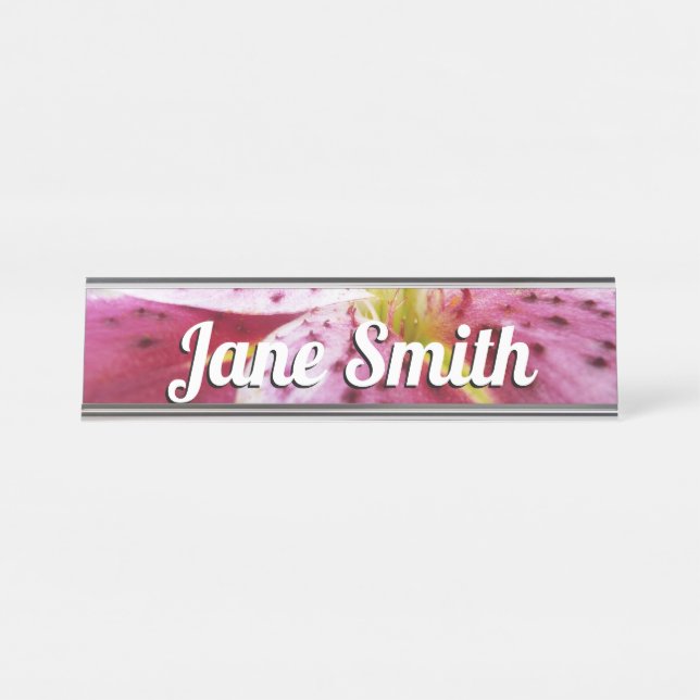 Stargazer Lily Bright Magenta Floral Desk Name Plate (Front)