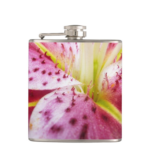 Stargazer Lily Bright Magenta Floral Flask (Front)