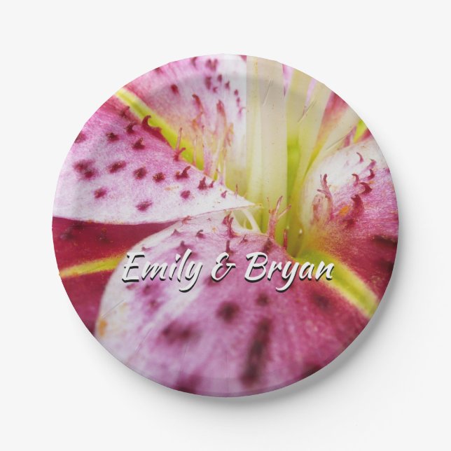 Stargazer Lily Bright Magenta Floral Paper Plates (Front)