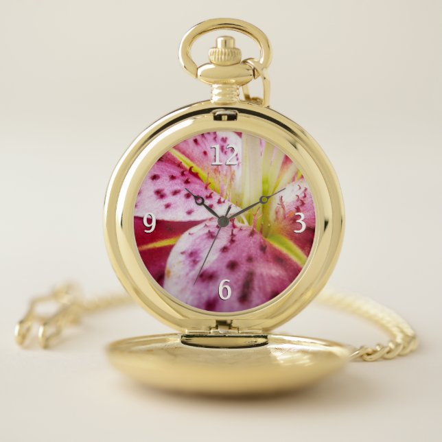 Stargazer Lily Bright Magenta Floral Pocket Watch (Inside)