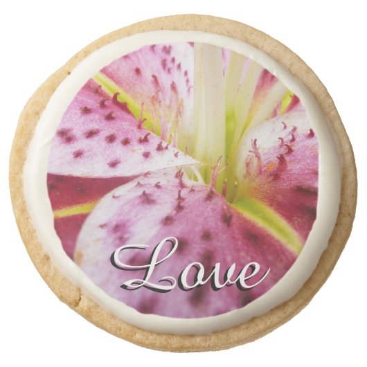Stargazer Lily Bright Magenta Floral Round Shortbread Cookie (Front)