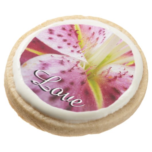 Stargazer Lily Bright Magenta Floral Round Shortbread Cookie (Angled)