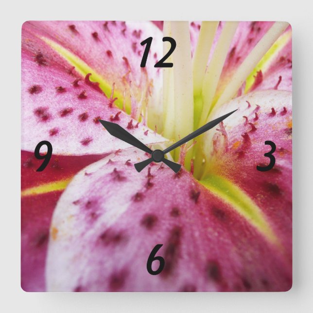 Stargazer Lily Bright Magenta Floral Square Wall Clock (Front)