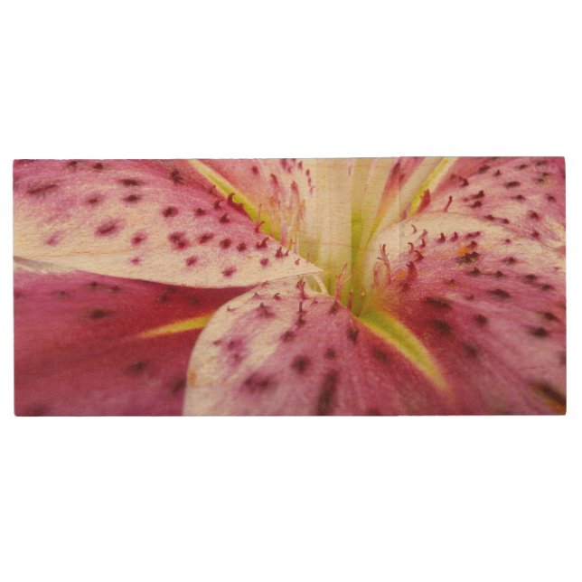 Stargazer Lily Bright Magenta Floral Wood Flash Drive (Front)