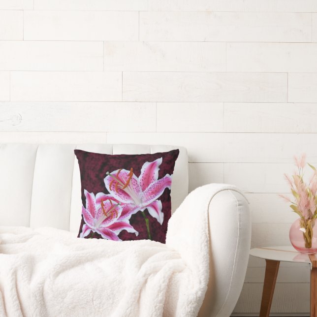 Stargazer Lily Flowers Pink White Close-Up Photo Throw Pillow (Couch)