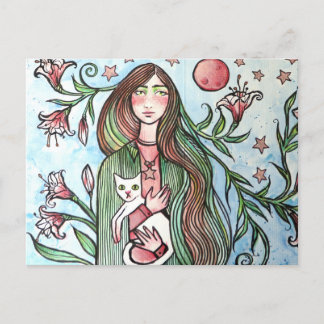 Stargazer Lily Goddess with her White Cat          Holiday Postcard