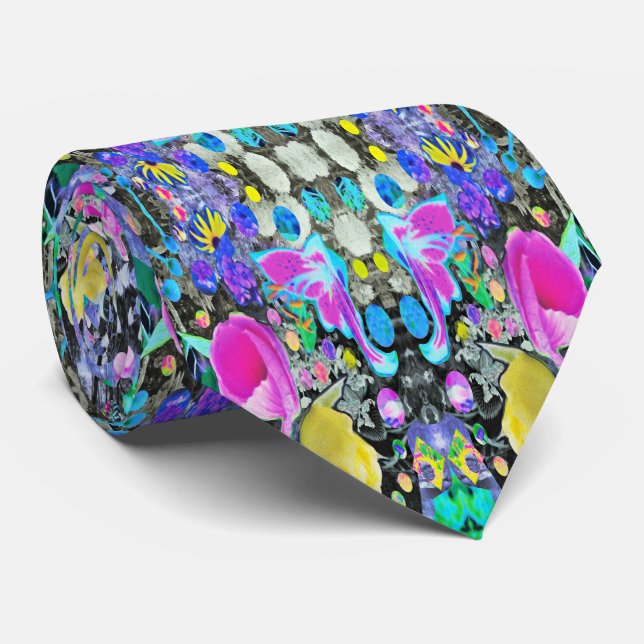 Stargazer Lily, Rose and Pink Hibiscus Collage Neck Tie (Rolled)