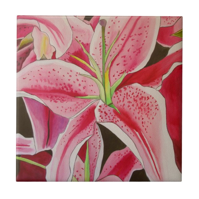 Stargazer pink lily watercolor art flower ceramic tile (Front)