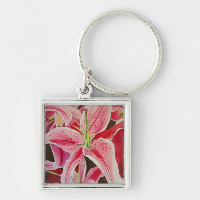 Stargazer pink lily watercolor art flower keychain (Front)