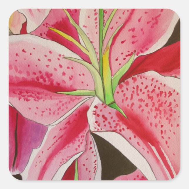 Stargazer pink lily watercolor art flower square sticker (Front)