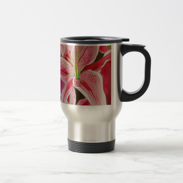 Stargazer pink lily watercolor art flower travel mug (Right)
