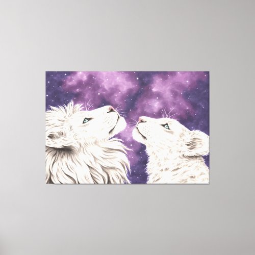 Stargazers Galaxy White Lion Couple Love Soulmates Canvas Print