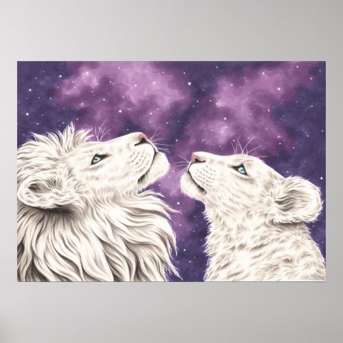 Stargazers Galaxy White Lion Couple Love Soulmates Poster