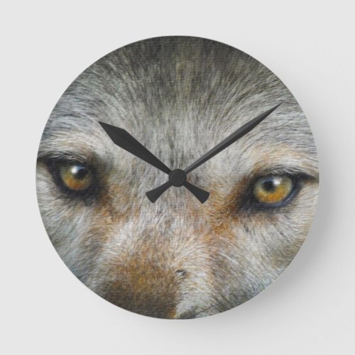 Staring Grey Wolf Eyes Wildlife Art Round Clock