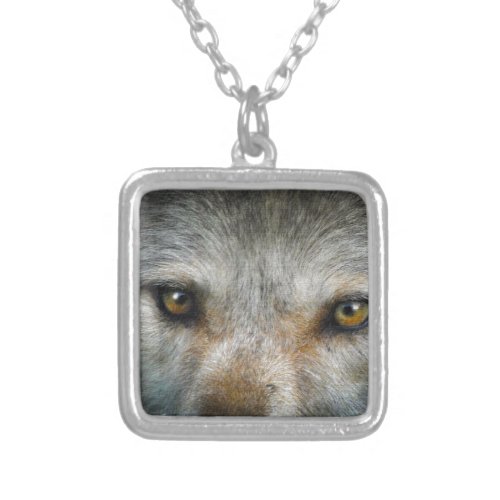 Staring Grey Wolf Eyes Wildlife Art Silver Plated Necklace