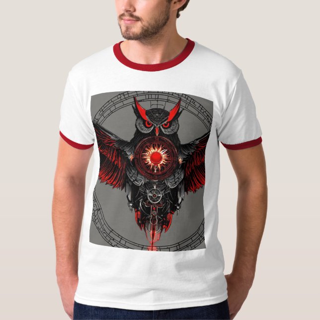 Staring Owl in Red & Black T-Shirt (Front)