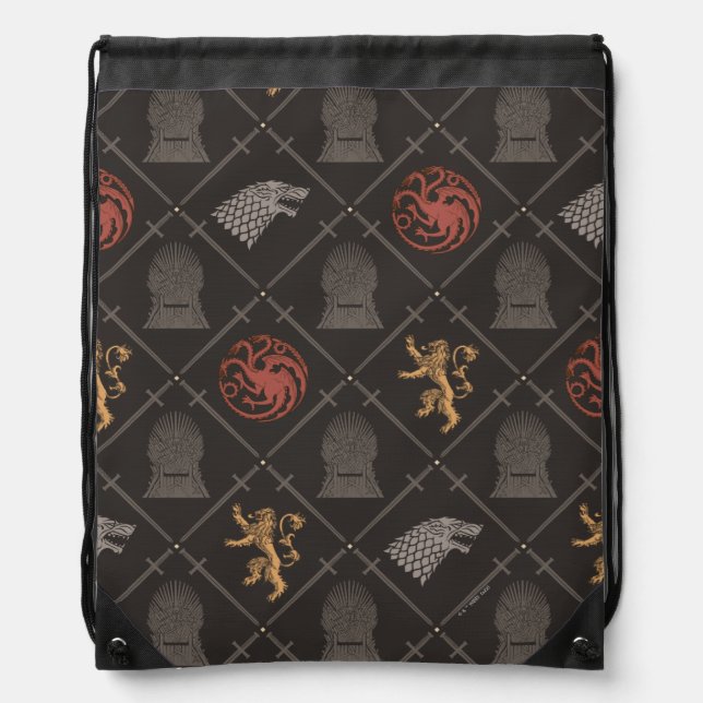 Stark, Lannister, Targaryen, Iron Throne Pattern Drawstring Bag (Front)