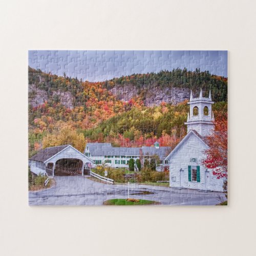 Stark New Hampshire covered bridge and church fall Jigsaw Puzzle