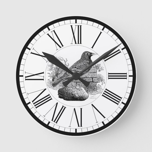 Starling British Bird Illustration Round Clock