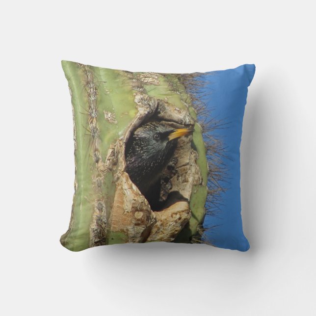 Starling in Saguaro Cactus Photo Southwest Bird Throw Pillow (Front)